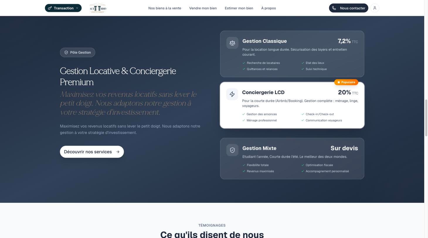 Section « Gestion locative & conciergerie premium » avec les offres de gestion