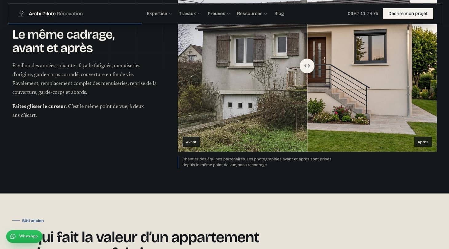 Section « Le même cadrage, avant et après » : curseur comparant la façade d’un pavillon avant et après rénovation
