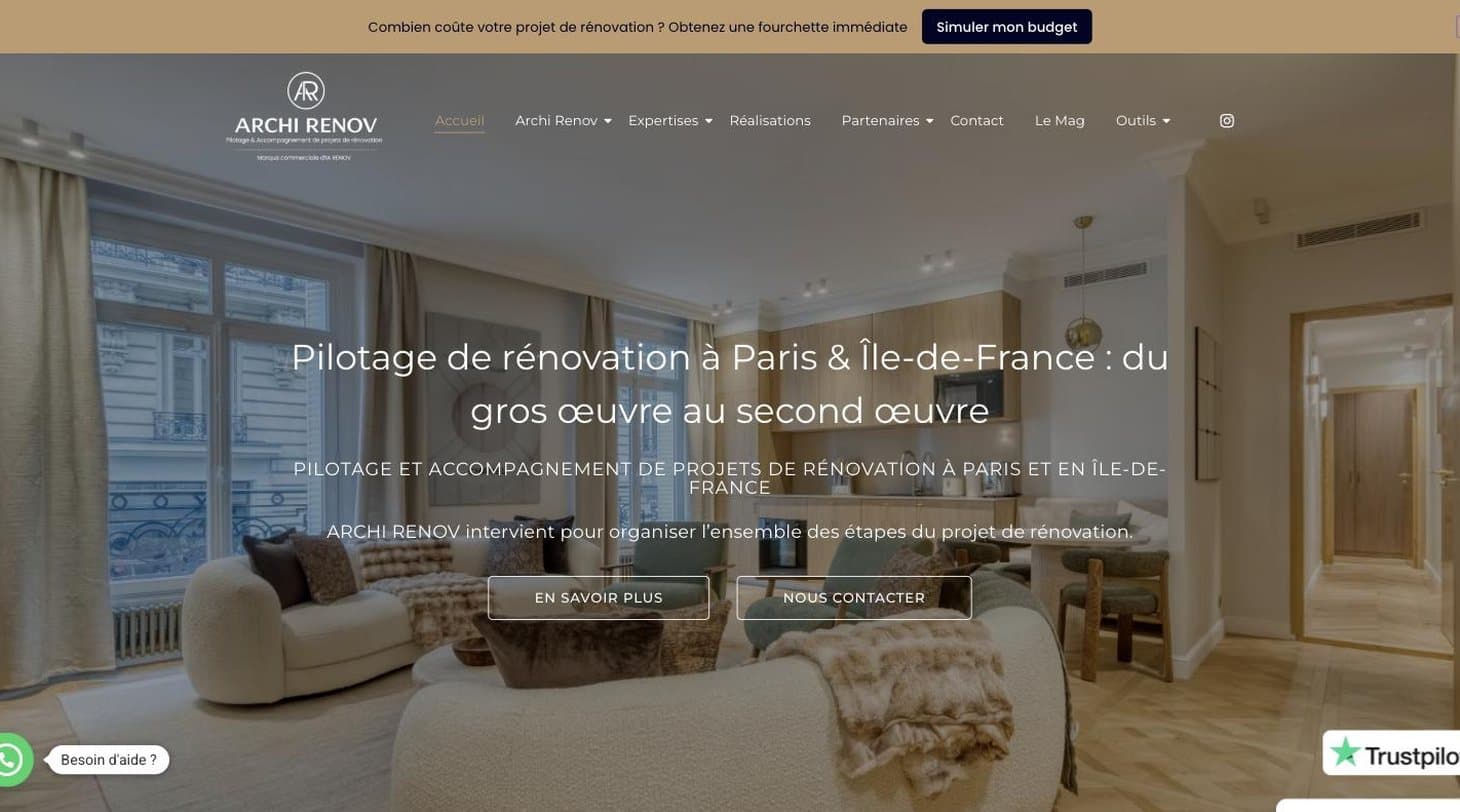 Ancienne page d'accueil WordPress d'Archi Renov : grand hero photo plein écran, titre centré, boutons « En savoir plus » et « Nous contacter »