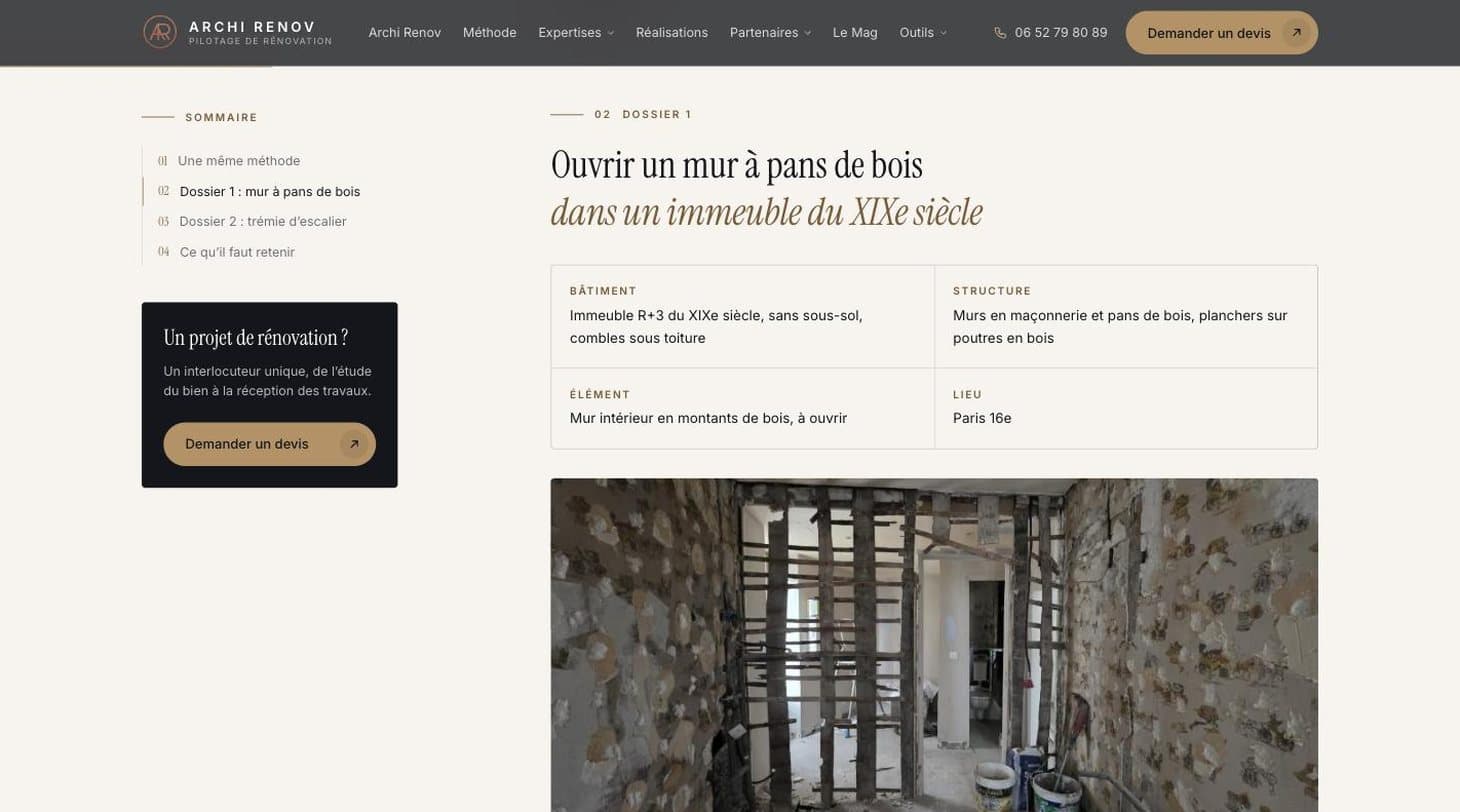 Page d'étude de cas structure : ouverture d'un mur à pans de bois dans un immeuble du XIXe siècle, fiche technique et photo de chantier
