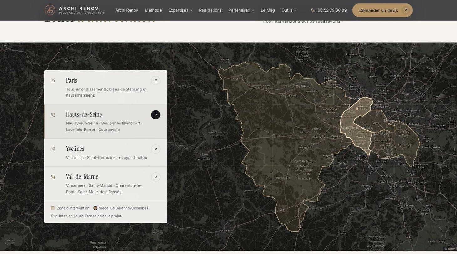 Section zones d'intervention : carte sombre pleine largeur, Paris, Hauts-de-Seine, Yvelines et Val-de-Marne tracés en laiton, liste des départements à gauche