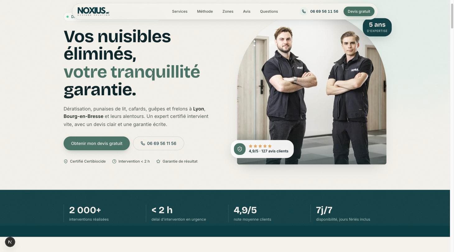 Page d’accueil Noxius — « Vos nuisibles éliminés, votre tranquillité garantie »