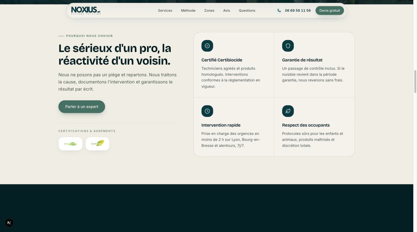 Section « Pourquoi nous choisir » : certification, garantie, intervention rapide, respect des occupants