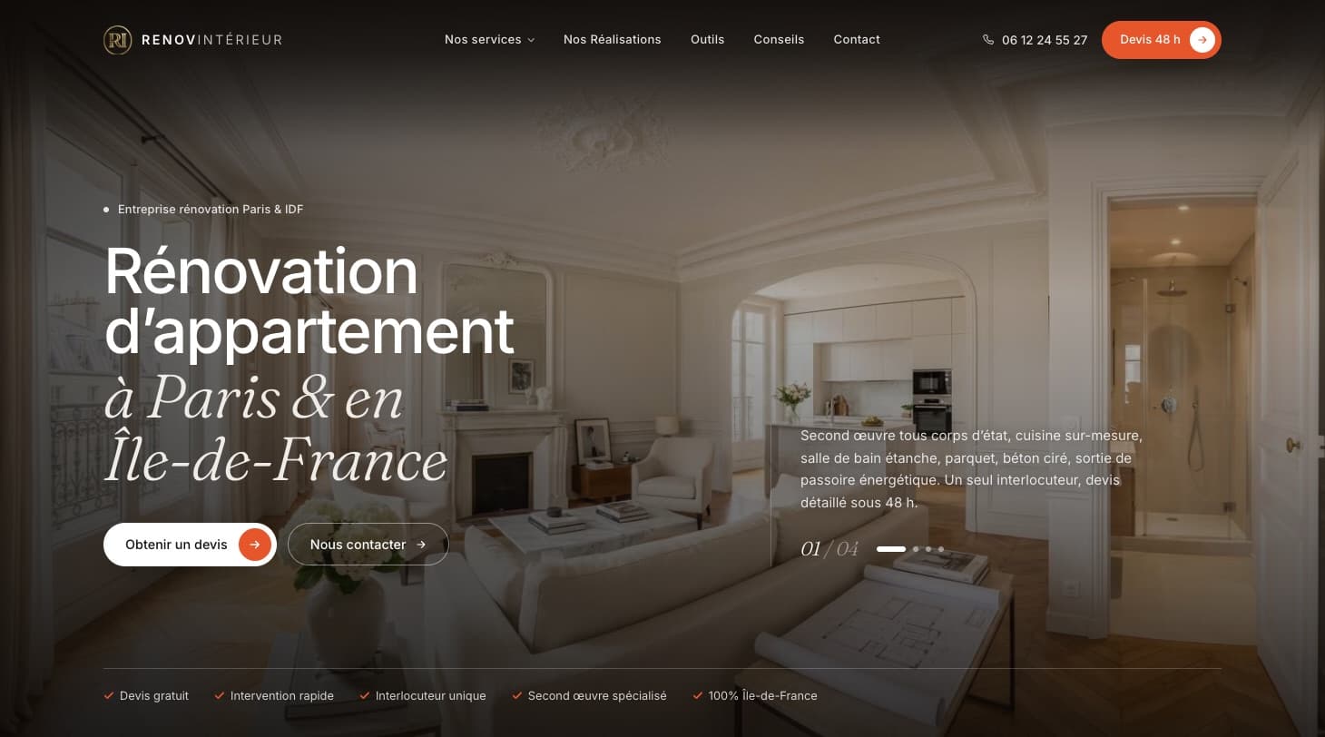 Page d'accueil RenovIntérieur — « Rénovation d'appartement à Paris & en Île-de-France », intérieur haussmannien rénové