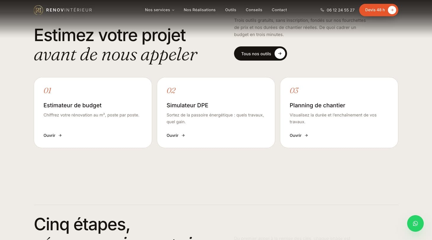 Section « Estimez votre projet avant de nous appeler » : estimateur de budget, simulateur DPE, planning de chantier